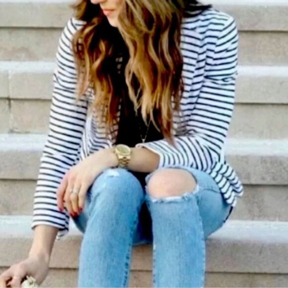 Tahari Navy White Striped Nautical Unstructured Blazer Size M - Picture 4 of 7